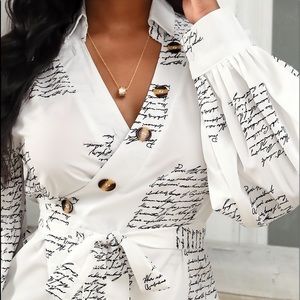 Lantern Sleeve Buttoned Wrap Printed Blouse XL
